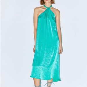 ZARA NWT Green Satin Halter Midi dress- XS
